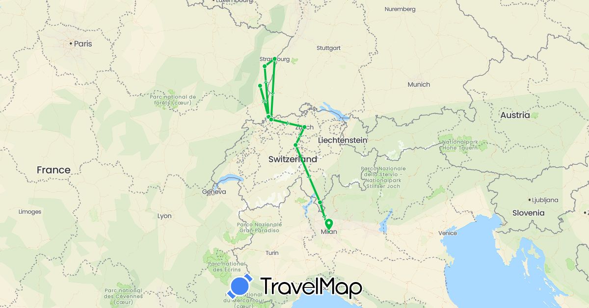 TravelMap itinerary: bus, plane in Switzerland, France, Italy (Europe)