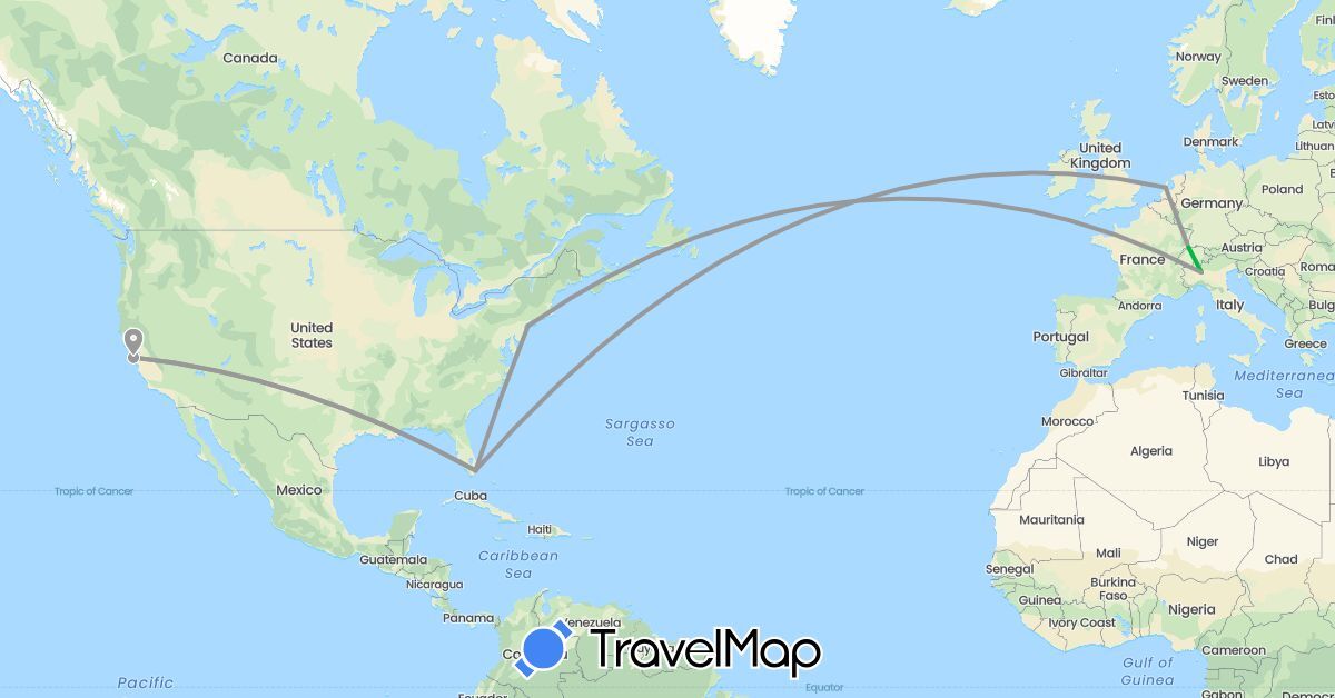 TravelMap itinerary: driving, bus, plane in Switzerland, Italy, Netherlands, United States (Europe, North America)